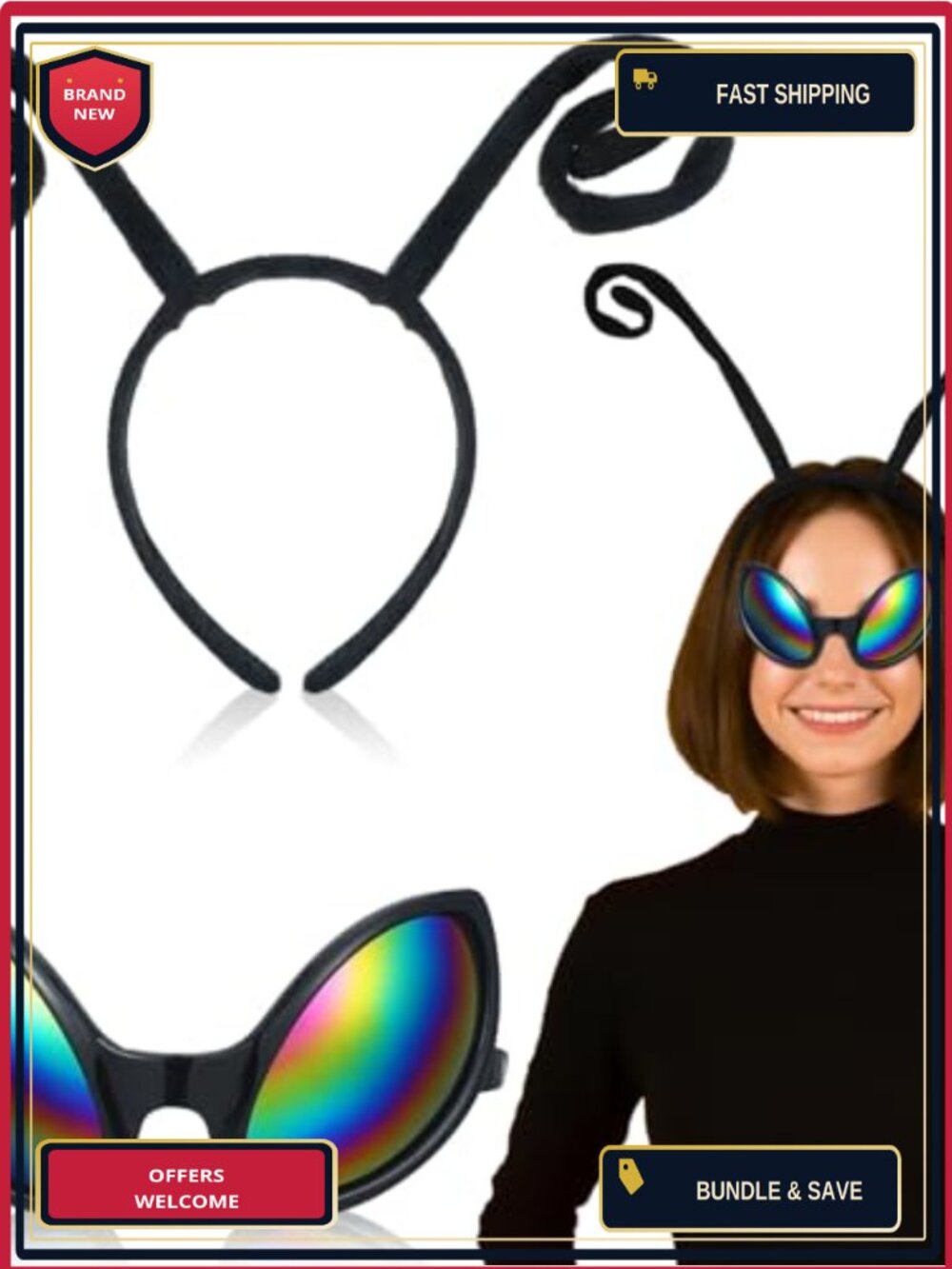 Insect Costume Accessory Set Fly Antenna Headband & Glasses Adult Halloween